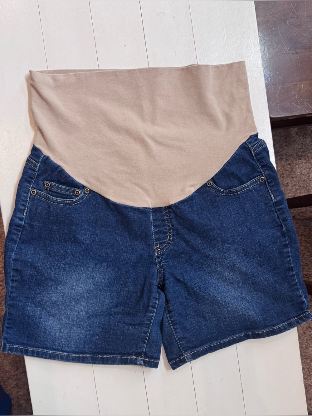 Three Seasons Maternity Dark Blue Denim Shorts with Beige Panel